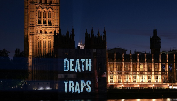 This was the Houses of Parliament last night! 

4 years on from #Grenfell, despite numerous opportunities, the very people in this building continue to fail to protect innocent leaseholders. We sent them a strong message.

Official video coming soon.
#WeAreTrapped
