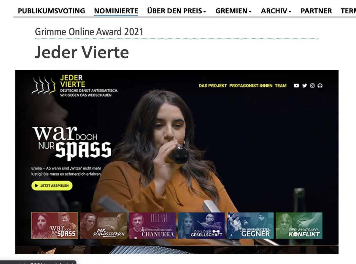 Nur noch bis morgen Abend kann für den Publikumspreis beim Grimme Online Award abgestimmt werden. 

Wir freuen uns sehr über die Nominierung und würden uns noch mehr über eure Stimme für #JederVierte freuen: bit.ly/jeder-vierte-g… 

Gerne weitersagen! #GOA21