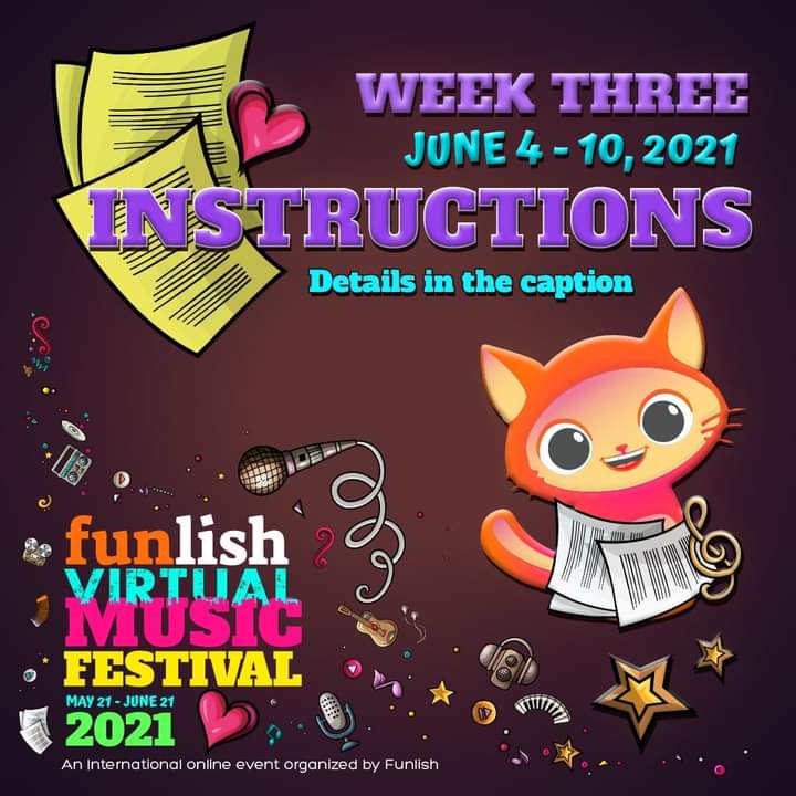 Check out the instructions for Week 3 of Funlish Virtual Music Festival(Instrumental/Created Music) 

facebook.com/21938240822233…

#funlish #funwithenglish #funlishvirtualmusicfestival #fvmf