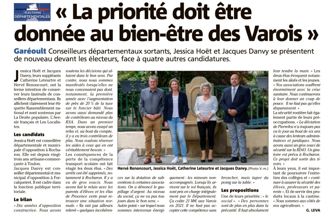 JacquesDanvy's tweet photo. Var Matin de ce jour concernant ma candidature et celle de ma binôme. Priorité aux Varois ! #VAR #Gareoult #RnVar #RN #ElectionsDepartementales #electionsdepartementales2021 https://t.co/BHX5sdgYVW