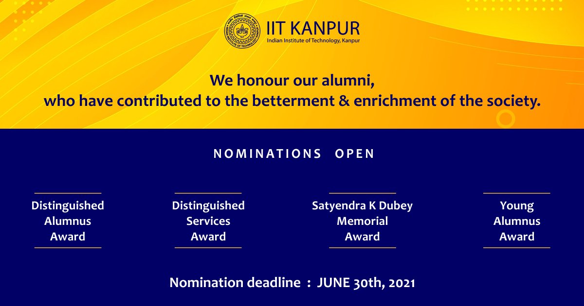 DoRA_IITK's tweet photo. Call for Nominations - IITK 2021 Awards!
https://t.co/3lUQdvC0Ua
We request our alumni to nominate their fellow alumni for #DAA #SKDA #YAA #DSA 2021. Deadline - June 30, 2021.
#IITKFD2021 #iitkalumni #iitk #Awards #services #achievement #recognition https://t.co/vMCMdULAtN