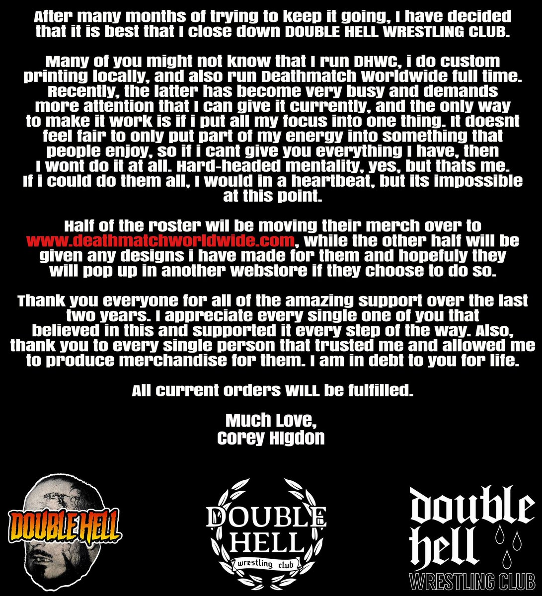 DoubleHellWC's tweet photo. Thank you. Much love to all of you.

You can catch some of this merch as it moves to @deathmatchworldwide (on IG not twitter) https://t.co/ao3ur5RRLG