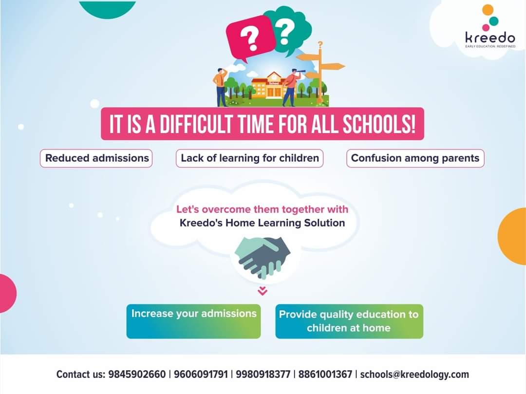 Kreedo's Home Learning Solution will ensure you are able to deliver learning in times of national lockdowns.

Call us at 9845902660 | 9606091791 | 9980918377 | 8861001364 or mail us to schools@kreedology.com to start this program.

#home #learning #Solution #preschool