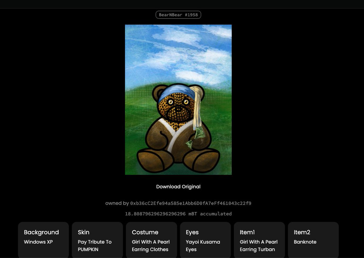 TheBearNBear's tweet photo. Hello Bear Community! 
here is how you can check the rarity!
Go to your bear in https://t.co/mOSmsE8su2, and click into the trait to see the total number minted.
The less number it shows, more rare your bear is.

For example, only 38 bears have window XP background.

#NFT #Rare https://t.co/jxdLPryMIP