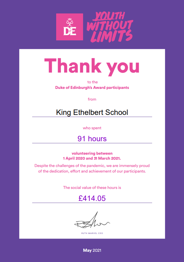 A huge well done to all those that have been involved in the over 90 hours of volunteering as part of their Duke of Edinburgh award last year at KES! 
We are very much looking forward to getting loads more students involved next year in achieving these amazing awards