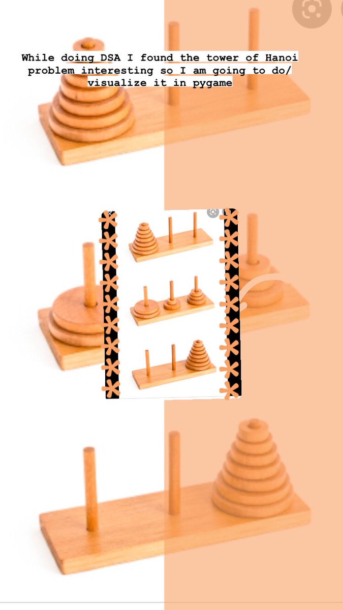 pro_napro's tweet image. I like seeing visually to understand experience how they work. I also think tower of Hanoi is an interesting puzzle so I am going to program it in pygame.
#pygame #Python #pythonprogram #100DaysOfCode #coding #codinginteview #WomenWhoCode #femaledeveloper