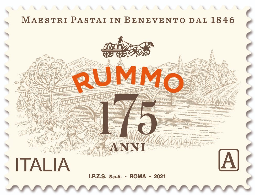 PosteItaliane's tweet photo. #Filatelia Emesso oggi un #francobollo dedicato a Rummo S.p.A, nel 175Β° anniversario della fondazione. Nella vignetta il logo del 175Β° anniversario della fondazione su una raffigurazione del Ponte Leproso di #Benevento, che caratterizza la confezione di pasta. @MISE_GOV @IPZS https://t.co/K68gEuy2ee