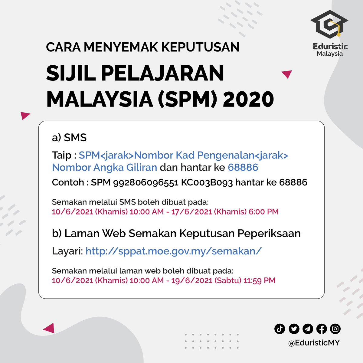 EduristicMY's tweet photo. π€ Admin dah update info dengan tempoh masa semakan ya!!
--------------------
π€ We've added the time period to check your results below! Check it out β¬οΈ
#EduristicMY #WhereEveryStudentThrives #SPM2020result #SPM2020 https://t.co/Zx8MEqygHK