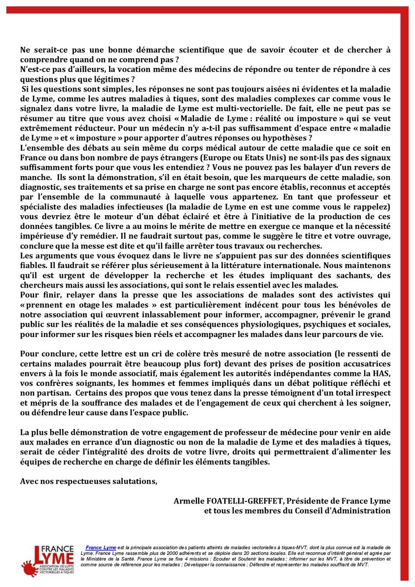 Association France Lyme (@francelyme) on Twitter photo Lettre ouverte à Monsieur Eric Caumes <a href="/SPILF_/">SPILF</a> <a href="/HAS_sante/">Haute Autorité de santé</a> #lyme #maladiedelyme #maladieatique #deni #santepublique #controverse #imposture <a href="/Sante_Gouv/">Ministère de la Santé et de l'Accès aux soins</a> @NicoleTrisse <a href="/VincentDescoeur/">Vincent Descoeur</a> <a href="/CarstenNicolaus/">Dr Carsten Nicolaus MD PhD</a> <a href="/Anses_fr/">Anses</a> <a href="/SantePubliqueFr/">SantépubliqueFrance</a> Lettre ouverte à Monsieur Eric Caumes <a href="/SPILF_/">SPILF</a> <a href="/HAS_sante/">Haute Autorité de santé</a> #lyme #maladiedelyme #maladieatique #deni #santepublique #controverse #imposture <a href="/Sante_Gouv/">Ministère de la Santé et de l'Accès aux soins</a> @NicoleTrisse <a href="/VincentDescoeur/">Vincent Descoeur</a> <a href="/CarstenNicolaus/">Dr Carsten Nicolaus MD PhD</a> <a href="/Anses_fr/">Anses</a> <a href="/SantePubliqueFr/">SantépubliqueFrance</a>