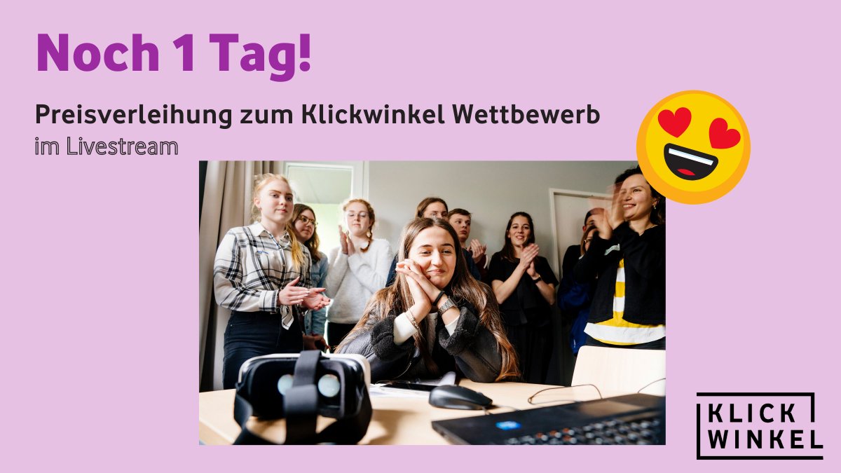 klickwinkel_'s tweet photo. Morgen küren wir die diesjährigen #Klickwinkel Gewinner:innen-Teams – und Ihr könnt im Livestream dabei sein: https://t.co/u97Ma1Sj9o 📺
Ausgezeichnet werden übrigens nicht nur die Besten der Besten – alle Teams haben die Chance einen #Medienworkshop abzusahnen. Schaltet ein! 🙌 https://t.co/99GLrpZn3s