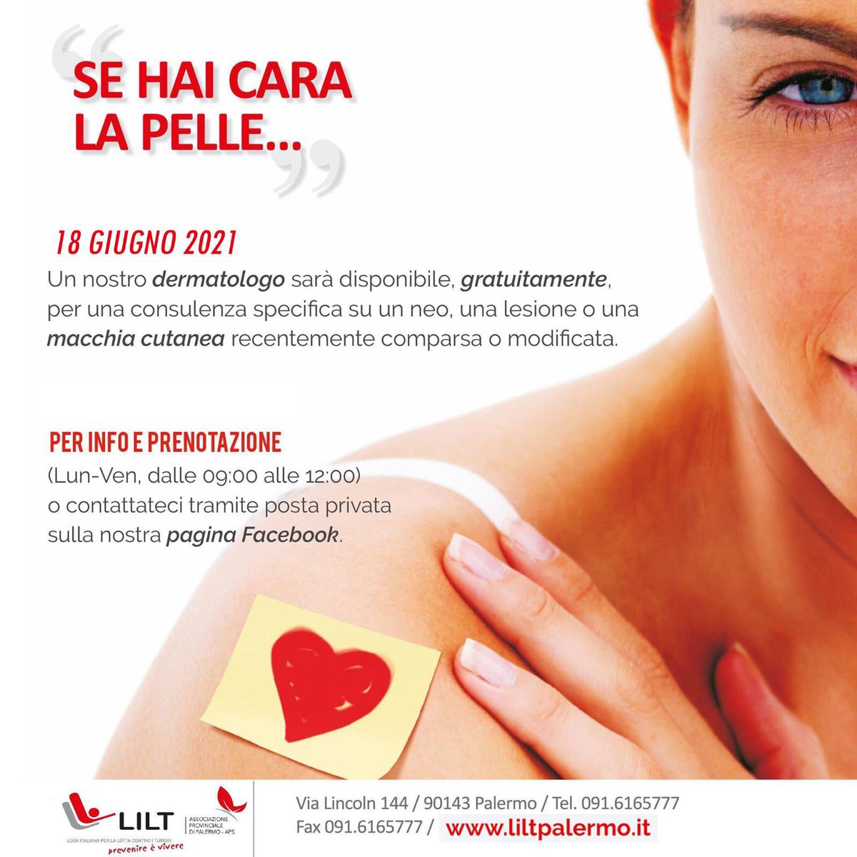 ‼️A grande richiesta abbiamo raddoppiato la nostra #giornata #di #prevenzione‼️
Sarà possibile sottoporsi a visita dermatologica anche venerdì 18 giugno 2021 mattina.
👉🏻Per informazioni
dal lunedì al venerdì-dalle 09:00 alle 12:00
📞091/6165777-3939758436
📧info@liltpalermo.it
