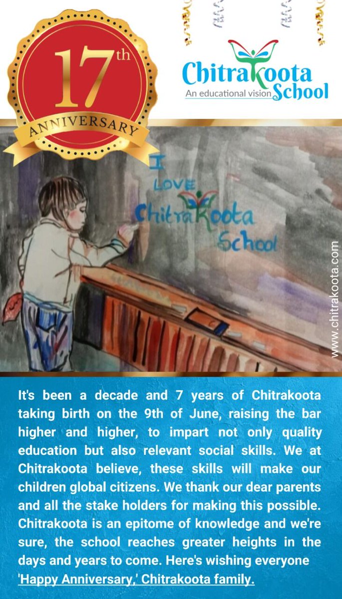 It's been 17 years of #Chitrakoota taking birth on the #𝟵𝘁𝗵𝗝𝘂𝗻𝗲 to impart not only quality education but also relevant #socialskills. Here's wishing everyone '#𝗛𝗮𝗽𝗽𝘆𝗔𝗻𝗻𝗶𝘃𝗲𝗿𝘀𝗮𝗿𝘆,' #Chitrakootafamily
#ChitrakootaSchool #17thAnniversary #EducationalVision