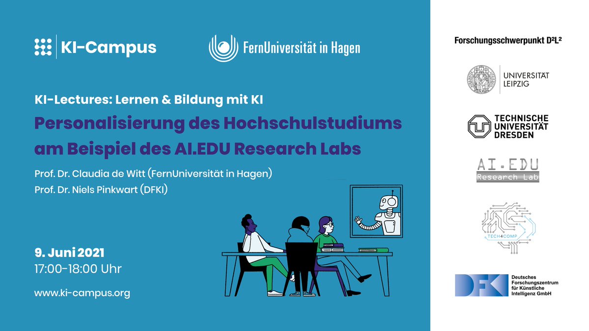 Personalisierung des Hochschulstudiums dank #KI? 
Mehr dazu heute um 17 Uhr bei den KI-Lectures: 
➡️ki-campus.org/courses/kilect…

Wir freuen uns auf Claudia de Witt von der <a href="/fernunihagen/">FernUniversität</a> &amp; <a href="/npinkwart/">NP</a> vom @dfki/<a href="/HumboldtUni/">Humboldt-Universität zu Berlin</a>!

#KICampus #TwitterCampus #DigitaleBildung #OER