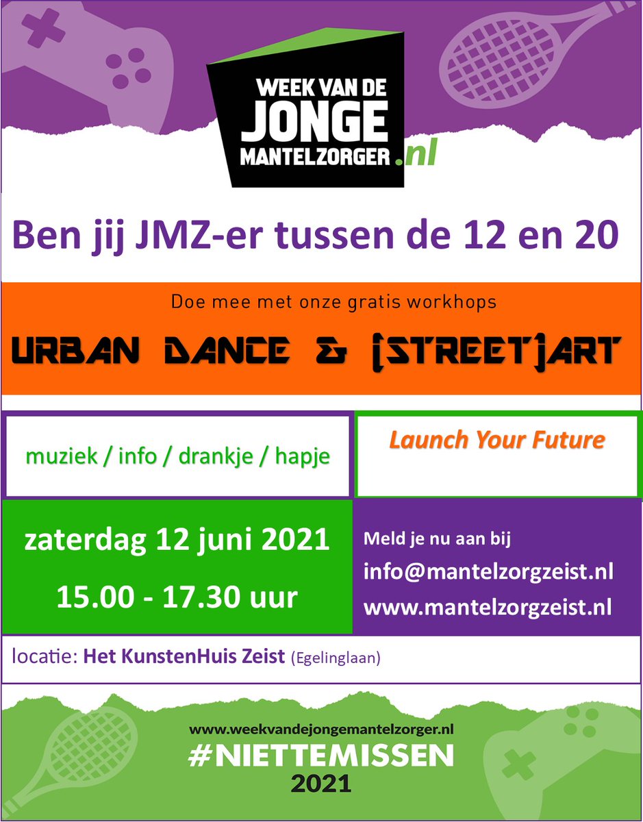 Ben je jong, en mantelzorger in <a href="/gemeentezeist/">Gemeente Zeist</a>? Kom 12 juni naar ons (gratis) event in het KunstenHuis. Er zijn workshops Urban Dance en Street Art en je ontmoet andere jmz. Wij zorgen  voor goede muziek en iets te drinken/eten. Wel even aanmelden 
bit.ly/3uEvhuB