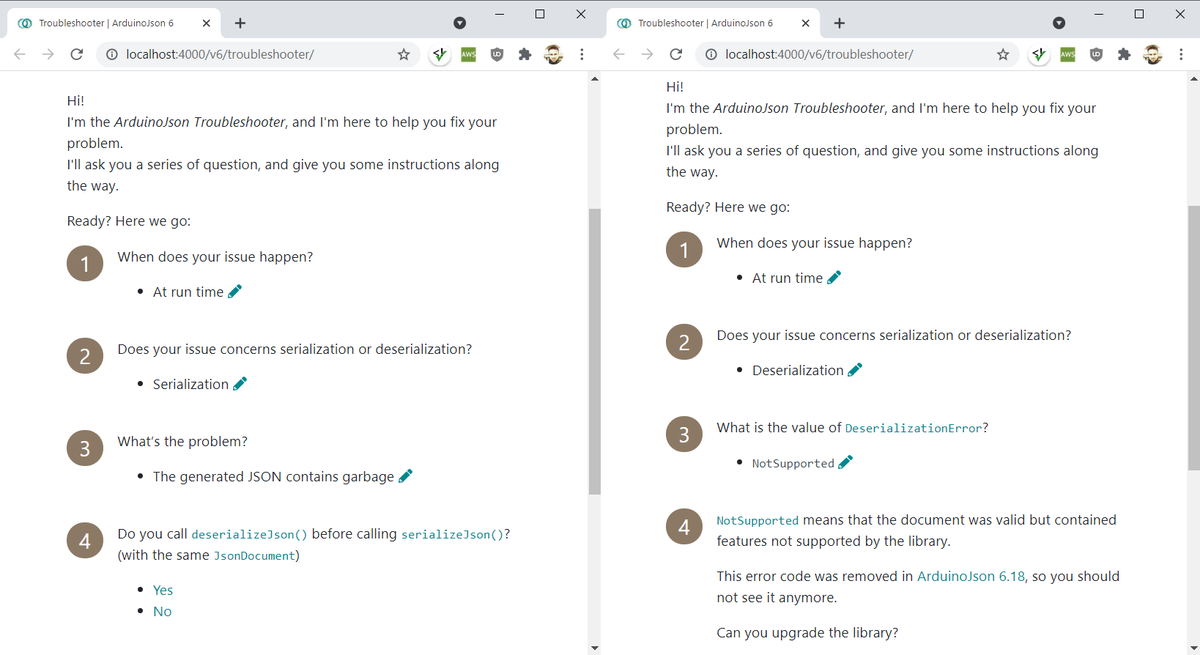 BenoitBlanchon's tweet photo. I just added a new online tool for #ArduinoJson: the ArduinoJson Troubleshooter. It's a webpage that helps you solve the most common issues by asking you a series of questions.
https://t.co/ryp5hLyCHl https://t.co/VvBuP5G5Z0