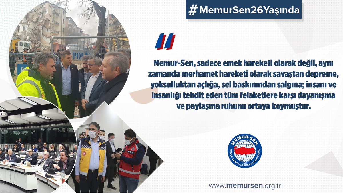 Memur-Sen, sadece emek hareketi olarak değil, aynı zamanda merhamet hareketi olarak savaştan depreme, yoksulluktan açlığa, sel baskınından salgına; insanı ve insanlığı tehdit eden tüm felaketlere karşı dayanışma ve paylaşma ruhunu ortaya koymuştur.

#MemurSen26Yaşında