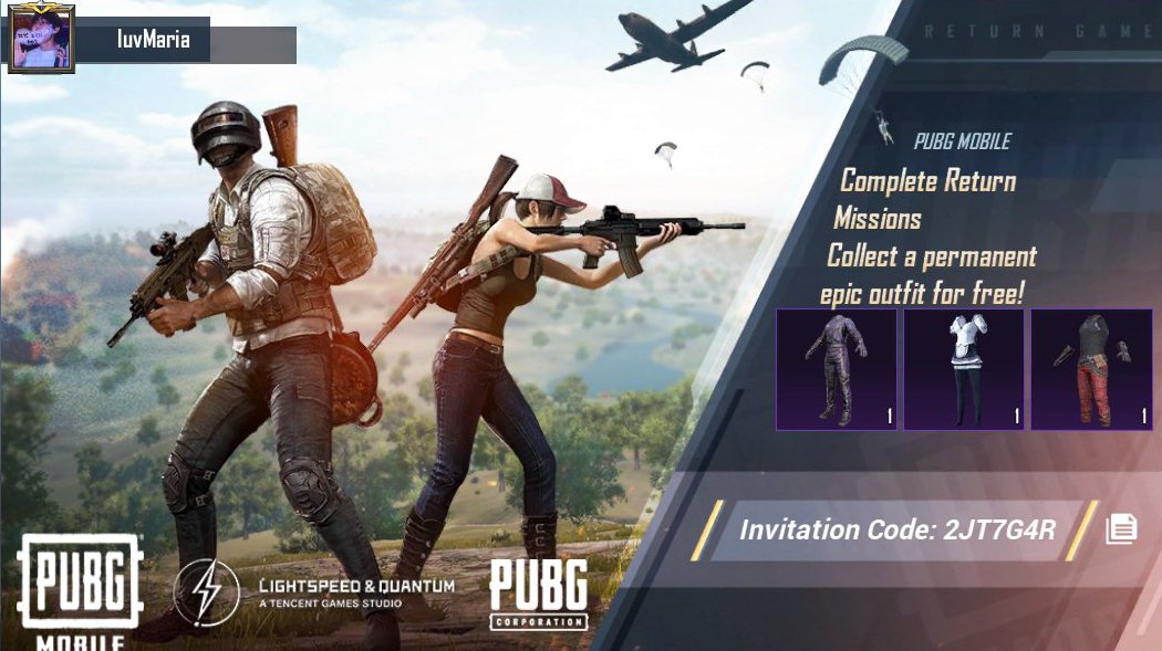 MAtaejoon's tweet photo. Complete PUBG MOBILE Return Missions! Collect a permanent epic outfit for free! My invitation code: 2JT7G4R https://t.co/zF1RzJHbqv https://t.co/kcyACHp98P