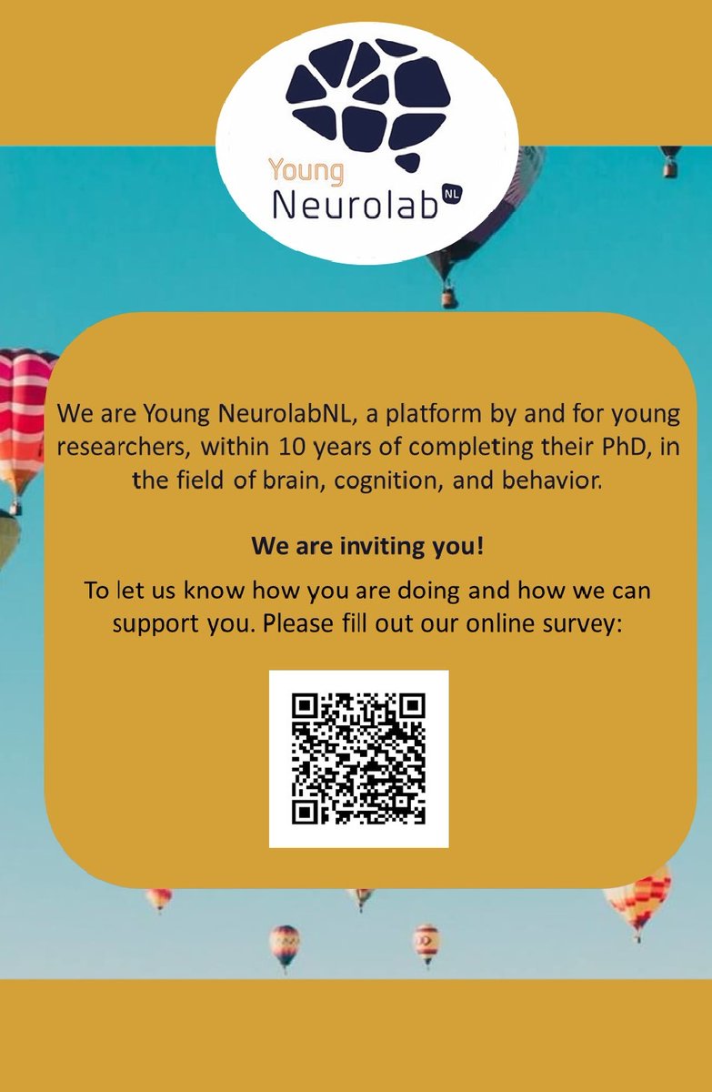 NeuroLabNL's tweet image. Young NeurolabNL (platform for young researchers) wants to assess the opportunities and challenges of young researchers in the #Brain, #Cognition & #Behavior field. Do you want to contribute to the Young NeurolabNL Agenda? You can fill out the survey here: tinyurl.com/24ewfx7c