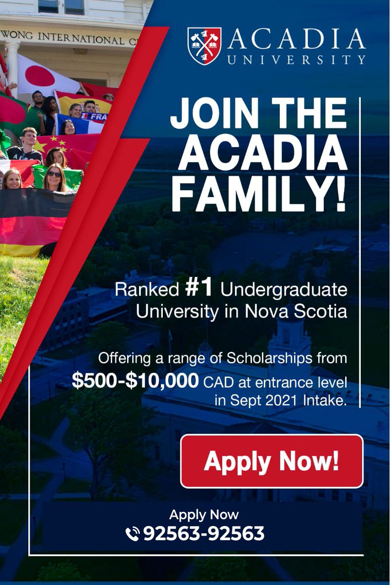 PyramidVisa's tweet photo. Established in 1838, Acadia University is a highly-ranked liberal arts university in #novascotia, #canada. The university is accepting #applications for #upcomingintake. Apply Now!
Call: 92563-92563 to #studyincanada at #acadiauniversity https://t.co/BcH0gJADYG