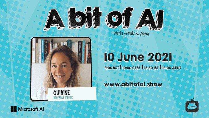 CsharpCorner's tweet image. Join @hboelman and @AmyKateNicho with guest speaker Quirine Van Walt Meijer, tomorrow at 10:00 AM(CEST) for the next episode of @AbitofAI. 

Live streaming at csharp.live

#abitofai #csharpcornerlive #ArtificialIntelligence #live #AI #MicrosoftAI
