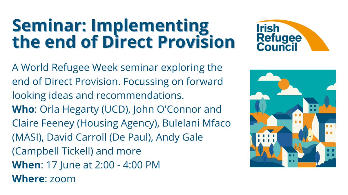 🆕Seminar on ending Direct Provision🆕

🗓️ 17 June

📢 speakers:
<a href="/Orla_Hegarty/">Orla Hegarty</a> <a href="/ucddublin/">University College Dublin</a>
<a href="/DavidCEODepaul1/">DavidCarroll@CEO Depaul</a> <a href="/DepaulIreland/">Depaul</a>
Andy Gale @CampbellTickel1
<a href="/BulelaniMfaco/">Bulelani Mfaco</a> <a href="/masi_asylum/">MASI - Movement of Asylum Seekers in Ireland</a> 
John O'Connor and Claire Feeney of The Housing Agency

🔗Zoom registration: bit.ly/3x9i3rq