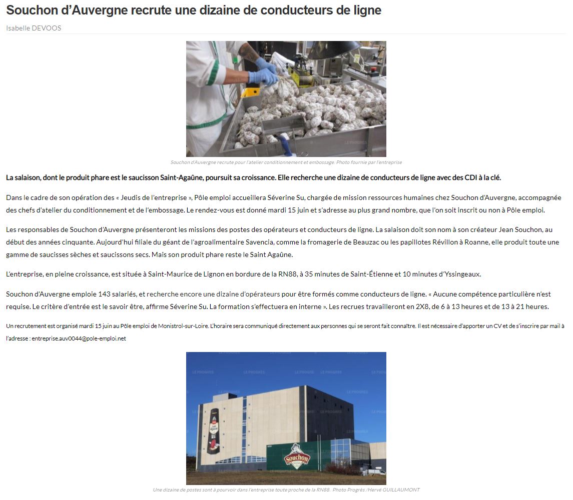 l'#Industrie #Agroalimentaire recrute également et propose de belles opportunités!
Venez rencontrer l'entreprise Souchon d'Auvergne à pôle emploi le 15 juin. 
⚠️ inscription préalable par mail : entreprise.auv0044@pole-emploi.net