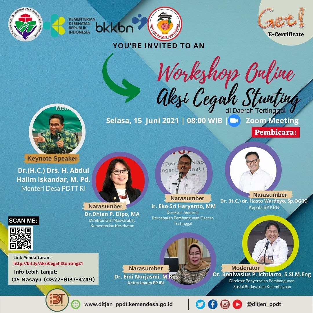 Halo para Bidan, Ahli Gizi, Kader Posyandu, Kader Puskesmas dan Pendamping Desa, yuk ikuti Workshop Aksi Cegah Stunting di Daerah Tertinggal, yang akan di adakan pada:
Hari, tanggal: Selasa, 15 Juni 2021
Waktu: 08.00 WIB s/d selesai
Link registrasi: bit.ly/AksiCegahStunt…