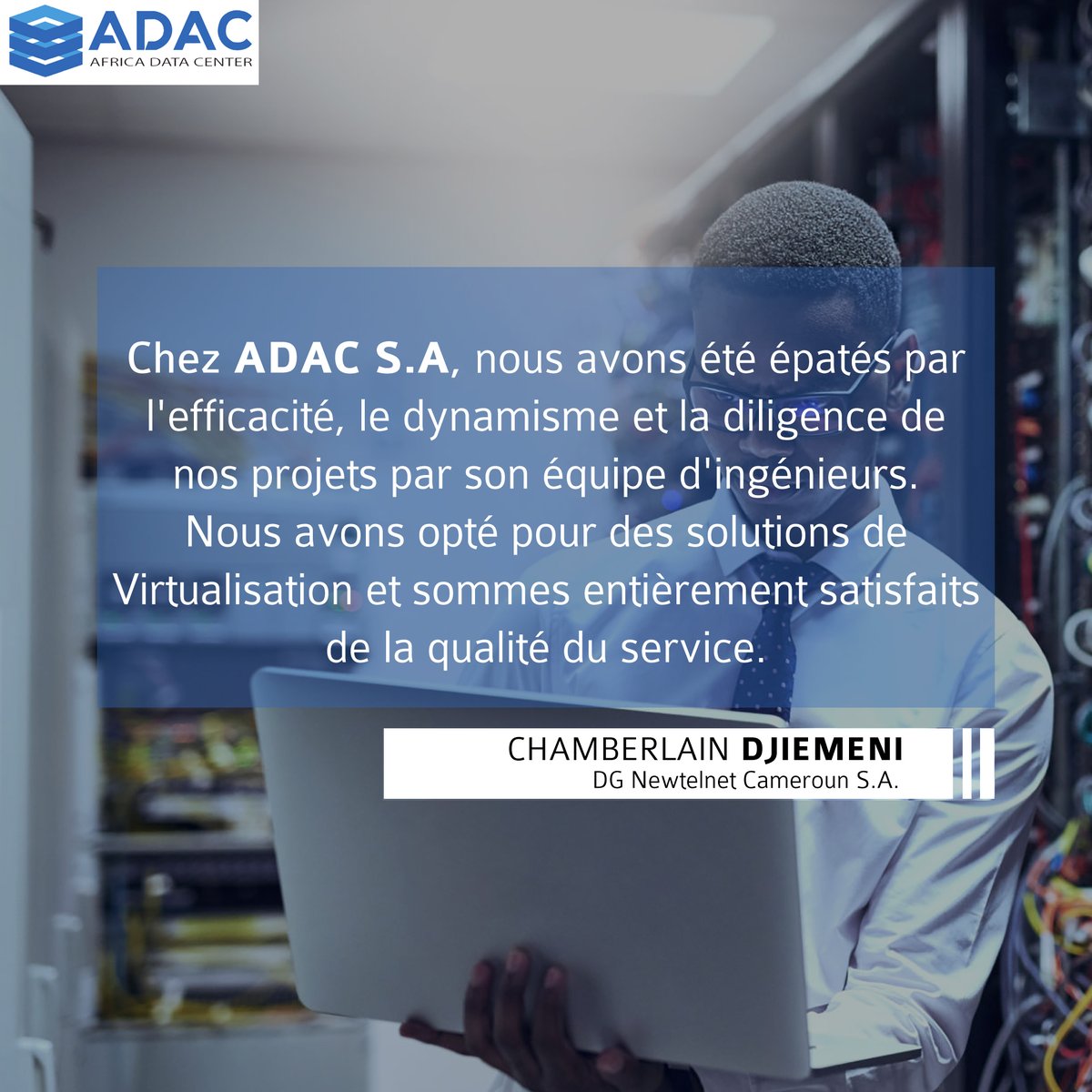 ADAC_1's tweet photo. Grâce à la Virtualisation,  ADAC  permet à ses clients de réduire les coûts d'exploitation et de booster la productivité de leurs systèmes informatiques.

Merci Chamberlain DJIEMENI, Directeur Général de Newtelnet pour ce retour positif 😊. https://t.co/j5q48SEFBY