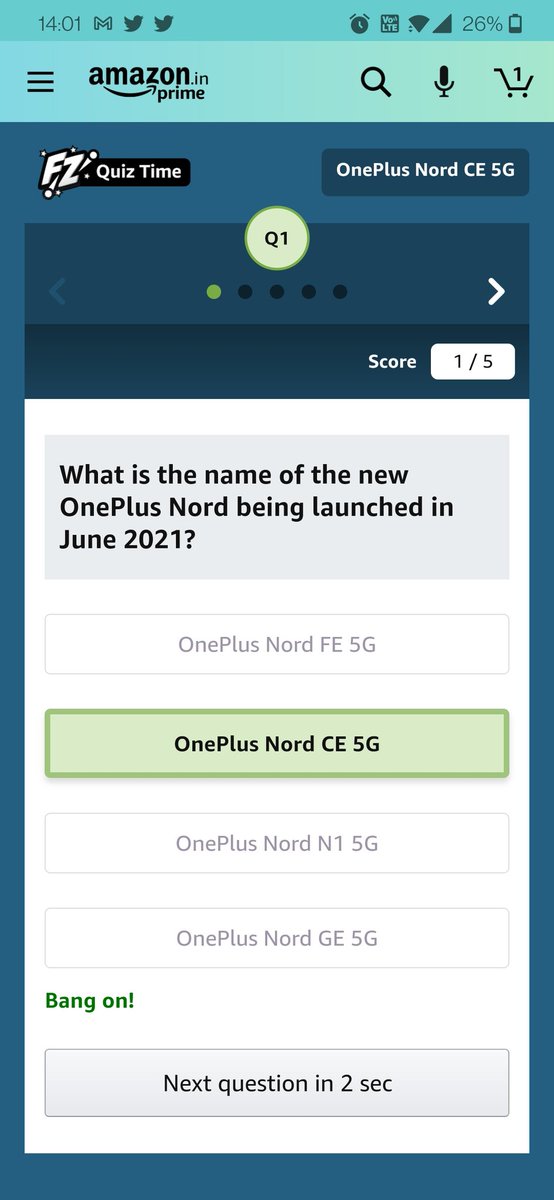 JhankarPathak's tweet photo. I played this interesting Quiz on Amazon-Play games at Amazon FunZone  https://t.co/2a7s28fl3i

@OnePlus_IN @amazonIN #AmazonMobilelnsider #OnePlusNordCE5GAmazonQuiz #OnePlusNordCE5G #AmazonQuiz https://t.co/VWJhpK6CQR