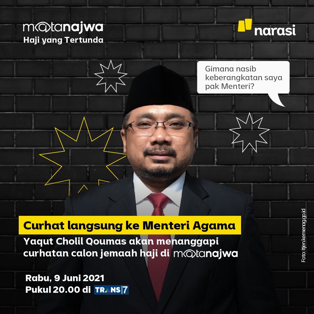 Menteri Agama, Yaqut Cholil Qoumas malam ini hadir langsung di #MataNajwa. Ada calon jemaah haji yang gagal berangkat ke tanah suci curhat langsung ke Pak Menteri. Curhat apa kira-kira ya?