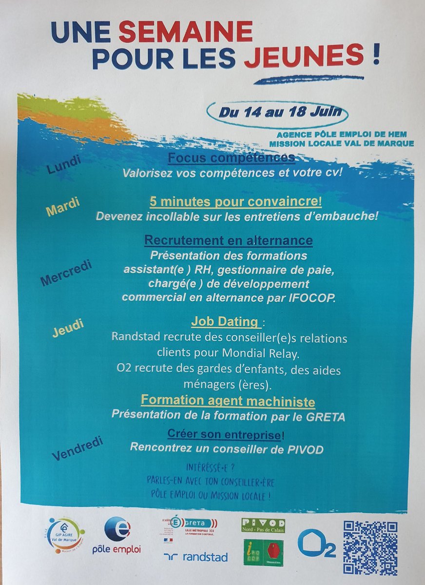📢 J-5 avant le démarrage de notre semaine Jeunes
Il reste quelques places, contactez votre conseiller
#TousMobilisés pour #1jeune1solution avec #PoleEmploi et <a href="/Emploi_ValdM/">MDE - PLIE - Mission Locale ValdM</a>