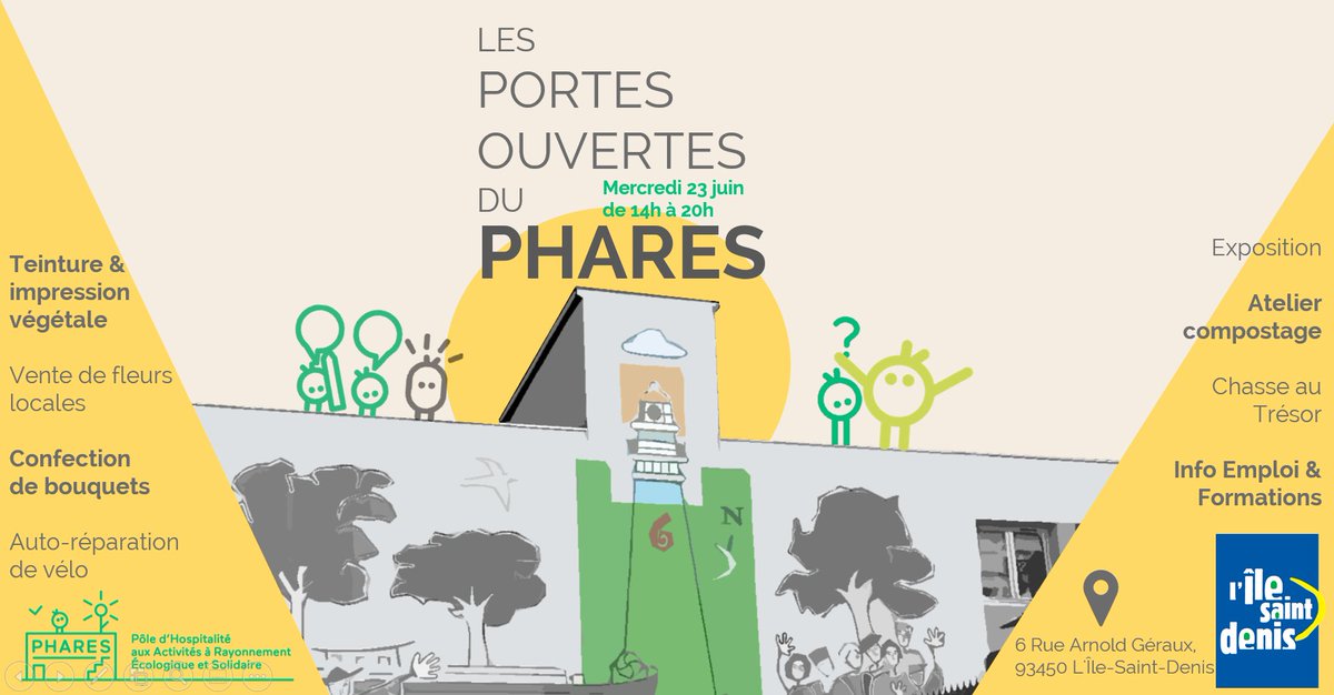 🗓️ Le 23 Juin prochain <a href="/LePHARES_SCIC/">Le PHARES</a> ouvre ses portes le temps d'un après-midi à l'Île-Saint-Denis 
au programme : ateliers #EcoResponsable, informations sur les opportunités #ESS, animations pour les enfants...

Entrée gratuite 🙂

Inscription par ici 👉 cutt.ly/ynQA6LM