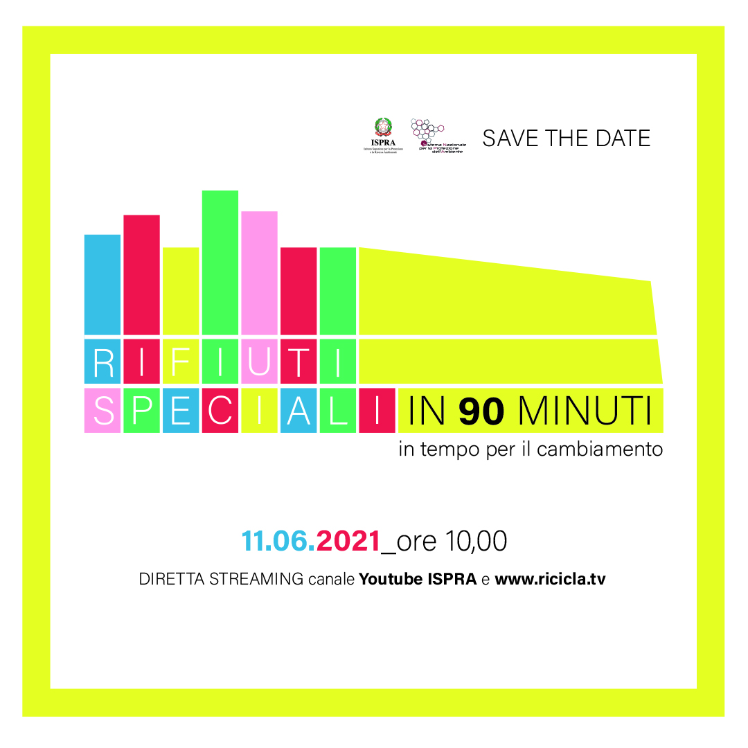 ISPRA_Press's tweet photo. 📅 Venerdì #11giugno2021 🕝10 @takethedate 

Webinar #Ispra @TvRicicla per presentare 
           🟩Rapporto Rifiuti speciali🟩
Quanti sono, come sono stati gestiti nel 2019, quale programmazione in funzione della #ripartenza e del #PNRR ?

Info📺https://t.co/bVorp5lyHU https://t.co/OcrphPFWV8