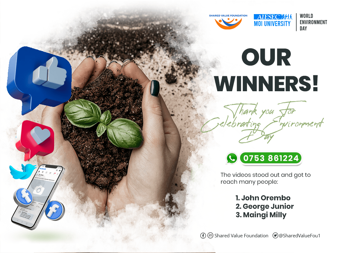 SharedValueFou1's tweet photo. We would like to appreciate everyone who shared their video expressing what #WorldEnvironmentalDay means to them. Our winners:

1. John Orembo
2. George Junior 
3. Maingi Milly

Keep playing your part in conserving the environment!

#SharedValueFoundation
#EnvironmentDay2021 https://t.co/wkrnqwHEdj