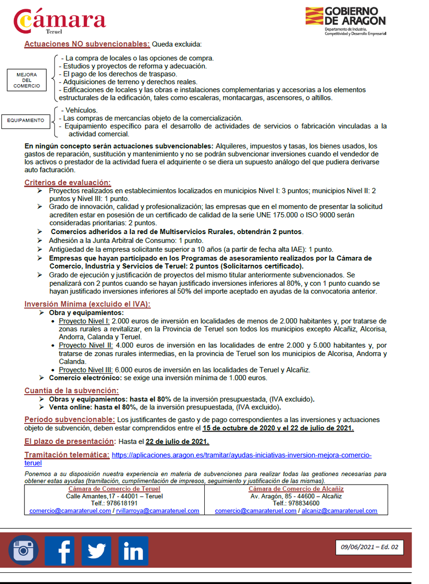 📢 SUBVENCIONES A ACTUACIONES DEL SECTOR COMERCIAL DE LA PROVINCIA DE #TERUEL 2020-2021

ORDEN ICD/633/2021-BOA 09/06/2021

▶️ Plazo presentación👉Hasta 22/07/21

Departamento Comercio Cámara Teruel y Departamento de Industria, Competitividad y Desarrollo Empresarial <a href="/GobAragon/">Gobierno de Aragón</a>