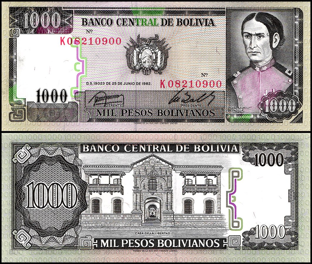 Bolivia 1,000 Pesos Bolivianos, 1982. It comes colored in a grey and green tone. The obverse design features a portrait of Juana Azurduy de Padilla. Reverse is an image of the house of liberty where the declaration of Bolivian independence was signed. https://t.co/0ZUb14rMVc https://t.co/VAO3vZGhSl