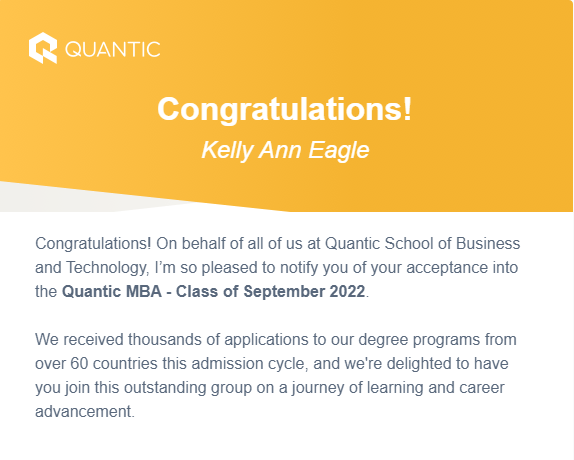 💥If at first, you don't succeed, dust yourself off and try again! 💥
I may not have gotten in on my first try, but that makes this acceptance feel even sweeter. I am so proud and excited to pursue an MBA at <a href="/QuanticSchool/">Quantic School of Business and Technology</a> whilst working full time at <a href="/EdgeAnalyticsUK/">Edge Analytics</a>. 
#MBA