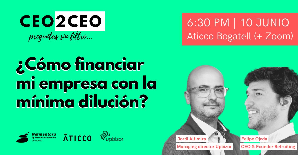 fundaciobcnfp's tweet photo. 📢Jornada #CEO2CEO amb @AticcoCoworking dirigit a emprendedor@s i empresari@s que vulguin resoldre els vostres dubtes, de manera pràctica i directa, gràcies a l'experiència de @JordiAltimira de @UpBizor i Felipe Ojeda de @Refruiting https://t.co/zSaM7h791o