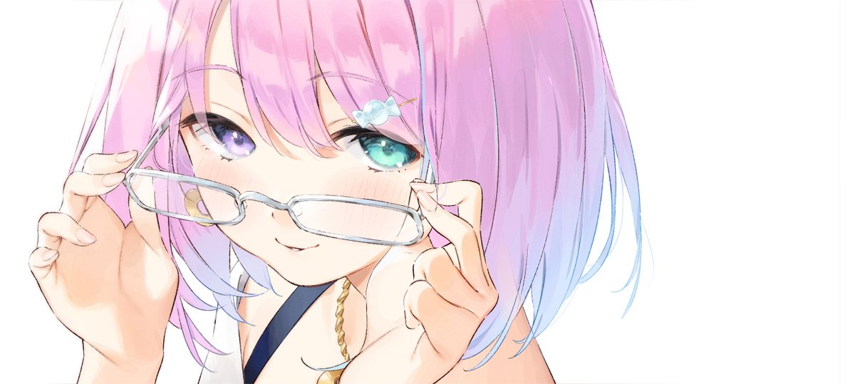 himemori luna 1girl solo heterochromia glasses pink hair purple eyes hair ornament  illustration images