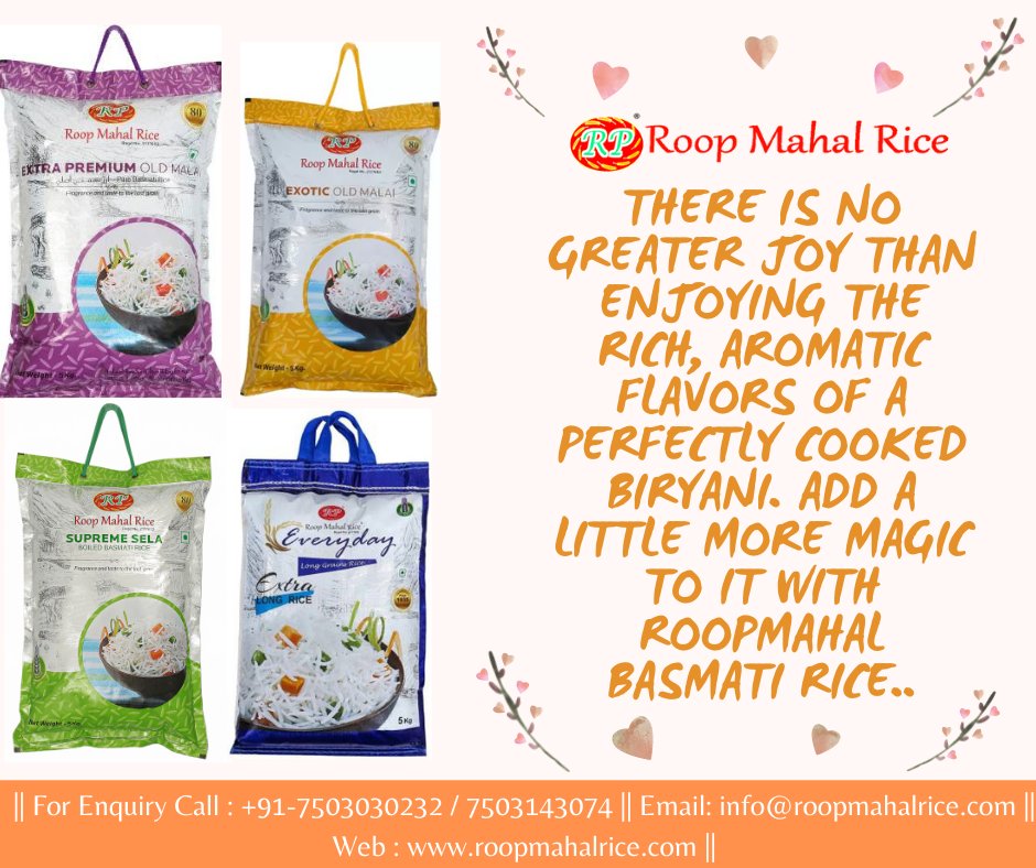 Roop_Mahal_Rice's tweet photo. There is no greater joy than enjoying the rich, aromatic flavors of a perfectly cooked Biryani. Add a little more magic to it with RoopMahal Basmati Rice.
Buy Now: https://t.co/TNNZfou8T1
#staple #everyday #healthy #nutritious #shipping #India #offer #grain #magic #aromatic #cook https://t.co/eQVLNtx1xx