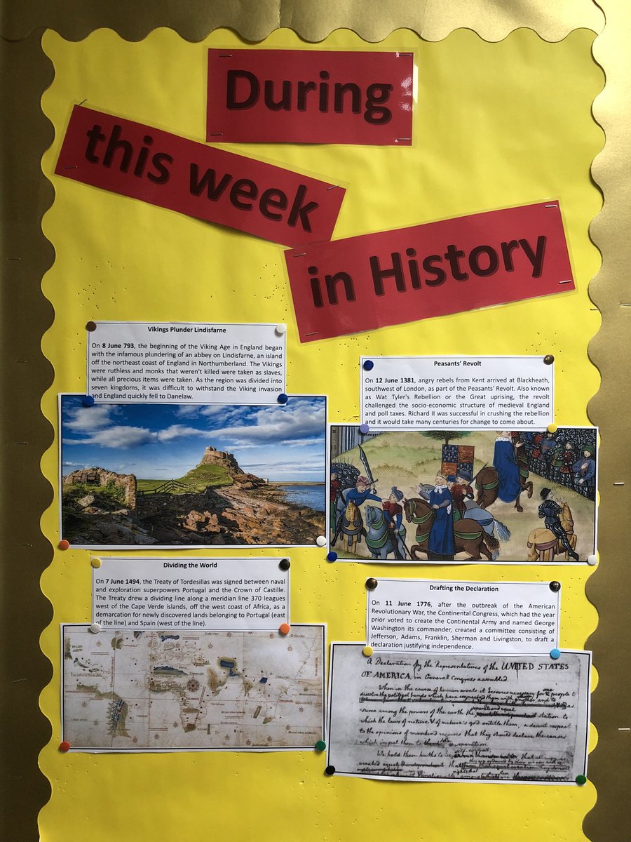 Our board this week marks the anniversaries of:
- the Vikings plundering the abbey on Lindisfarne
- rebels arriving at Blackheath during the Peasants’ Revolt
- Spain and Portugal dividing the world
- the drafting of the Declaration of Independence.
#OnThisDay #History https://t.co/ZfuGAMEb82