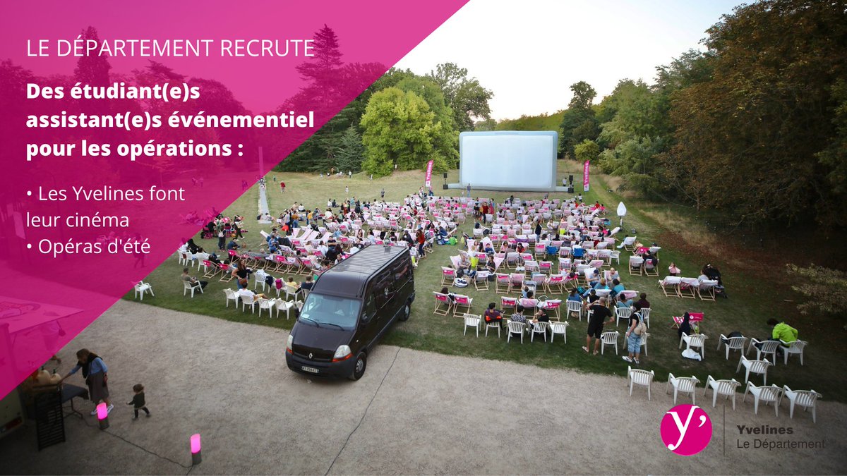 #Recrutement "Les Yvelines font leur cinéma" et "Opéras d'été" reviennent !
Pour l'occasion le Département recrute des étudiant(e)s assistant(e)s événementiel pour aider à l’organisation des séances.
⚠️ Permis B et véhicule obligatoires
➡ swll.to/4X06a
#JobDété #Emploi