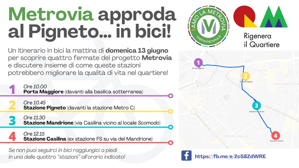 #Mobilità e pianificazione urbanistica/#rigenerazioneurbana devono andare a braccetto nella gestione della città 
Questa è la premessa dell’itinerario in bici che faremo al Pigneto questa domenica, partenza alle 10h, con <a href="/MetroviaRoma/">LaMetrovia</a> e il Comitato Rigenera il Quartiere

Unitevi!