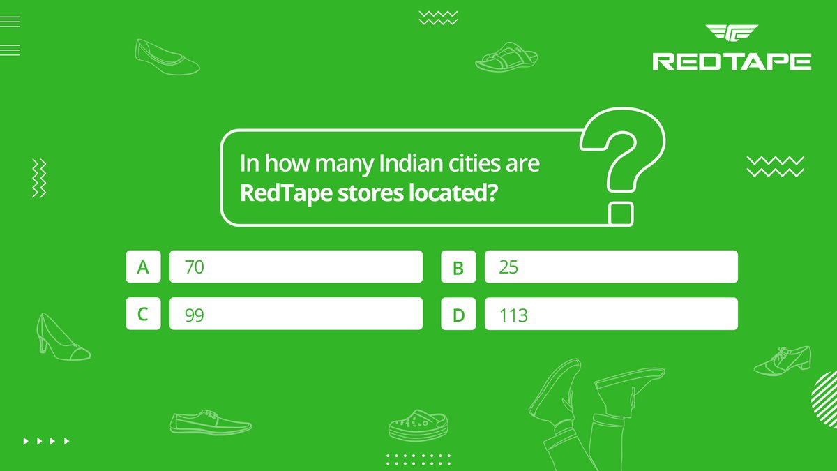 RedTape has 210 stores across numerous cities in India. Guess the correct option and share this post on your wall to participate in the #25YearsRed Contest. Are you ready to win some awesome goodies? Share & comment now! #redtapeshoes #redtapeindia #contestalert