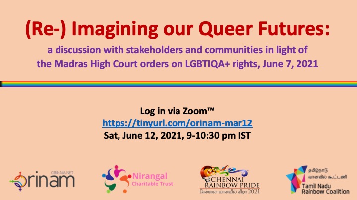 (Re-)Imagining our Queer Futures: join <a href="/manuraj1983/">Manuraj S</a>
 queer activists, peer supporters and mental health professionals involved in the Madras High Court case to discuss its implications for our communities. <a href="/pcvc2000/">PCVC</a> <a href="/Nirangal_TN/">Nirangal Charitable Trust</a> <a href="/chennaipride/">orinam.net 🏳️‍🌈 🏳️‍⚧️</a> <a href="/DinakaranVidya/">Vidya Dinakaran</a>  <a href="/mariwalahealth/">Mariwala Health Initiative</a>
