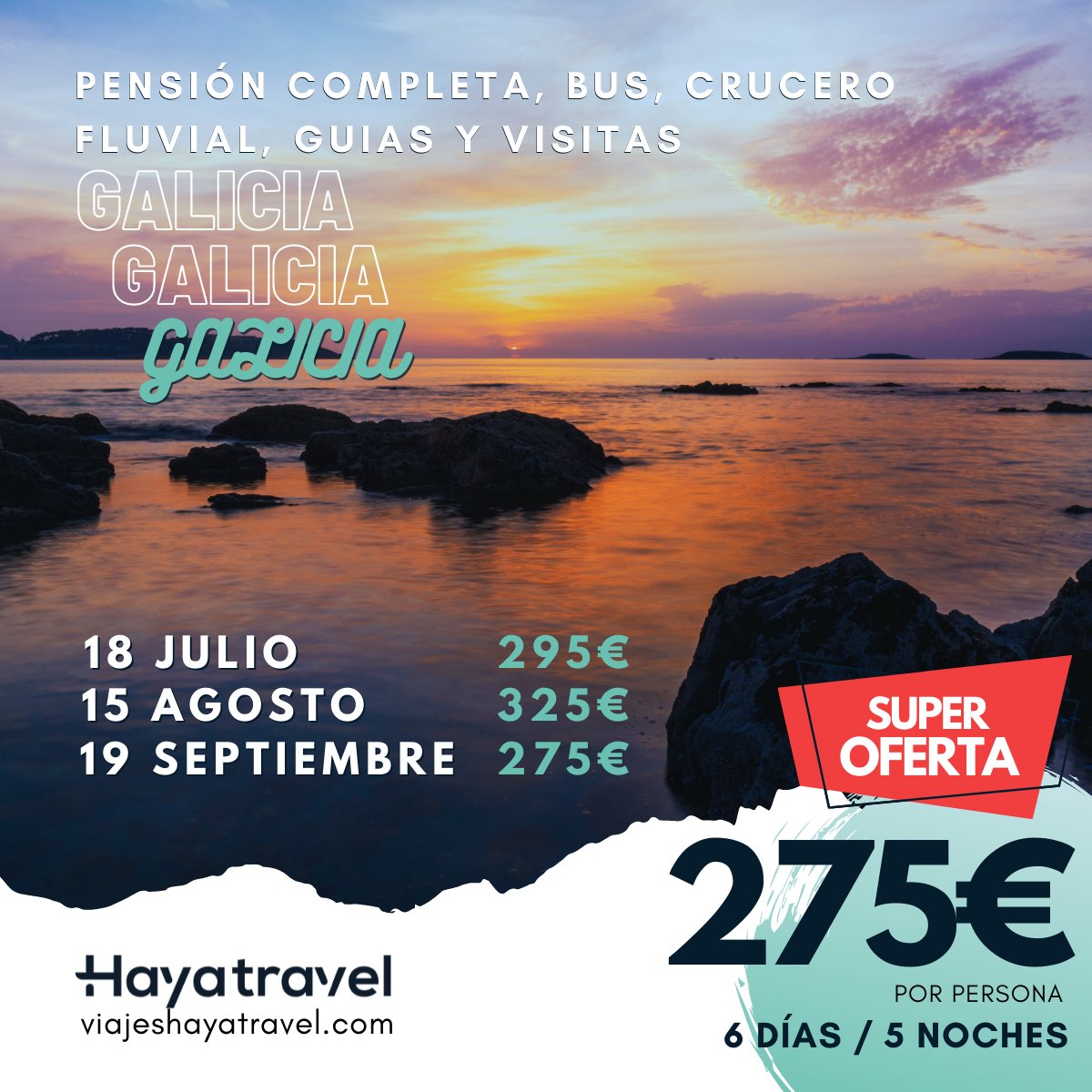 Hayatravel's tweet photo. 💙✨📣Descubre en norte con nuestro #Galicia especial año #Xacobeo durante 6 días desde 275€ por persona🚌✨💙Viaje en grupo en #pensióncompleta, paseo en #barco, #guias, #visitas y #bus 🚌desde #Almansa, #Ayora, #Yecla y #Villena😉

Visítalo ▷ https://t.co/gL4mNyGDVx https://t.co/OPhU3Y5jnX