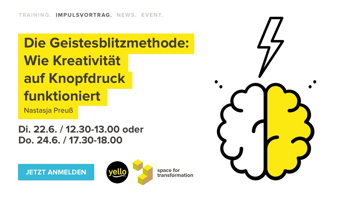 SFTdigital's tweet photo. #kreativität ist ein Handwerk. Nastasja Preuß gewährt einen ersten Einblick, wie sich mit der #geistesblitz -Methode systematisch Ideen entwickeln lassen - aus der Praxis abgeleitet und neurowissenschaftlich belegt!

Jetzt anmelden: https://t.co/uxdGiOkHcZ https://t.co/NCAyh8WA4j