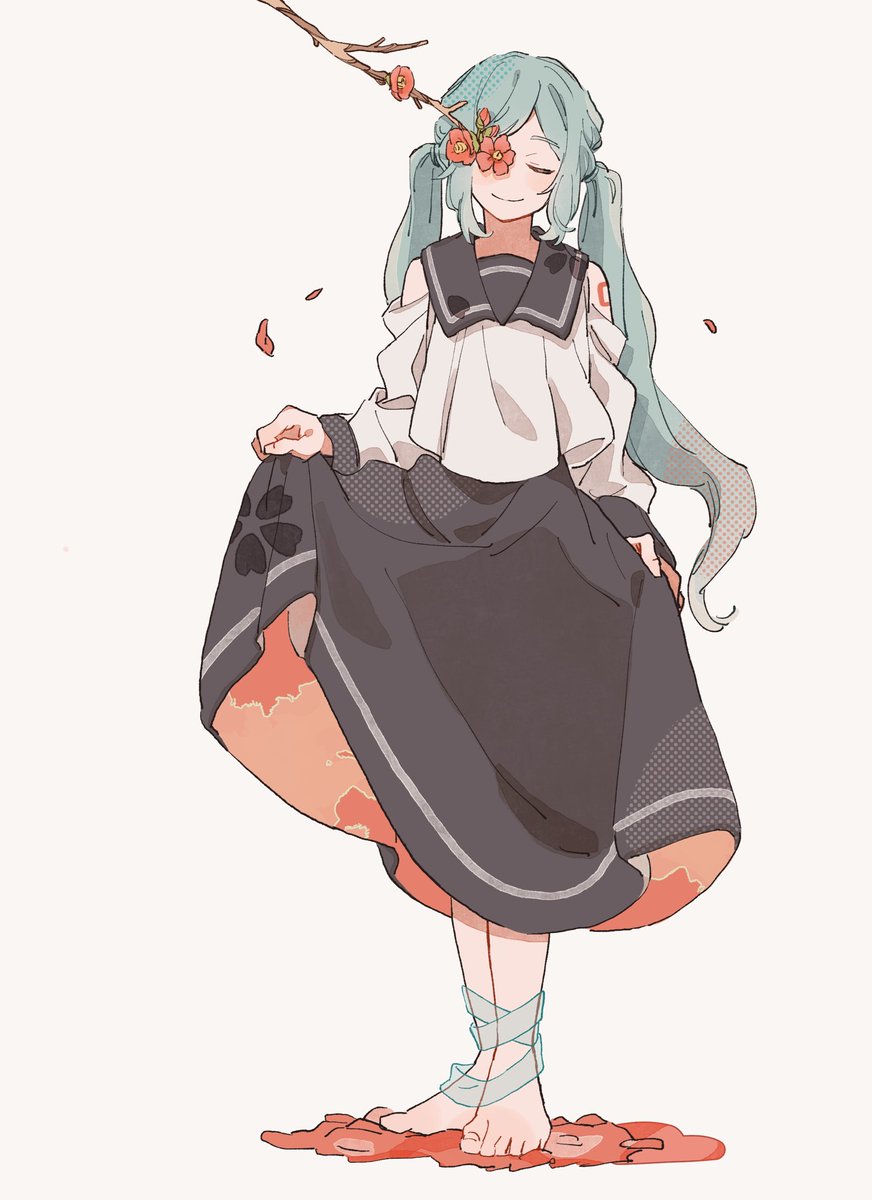 hatsune miku 1girl solo closed eyes twintails long hair skirt hold barefoot  illustration images