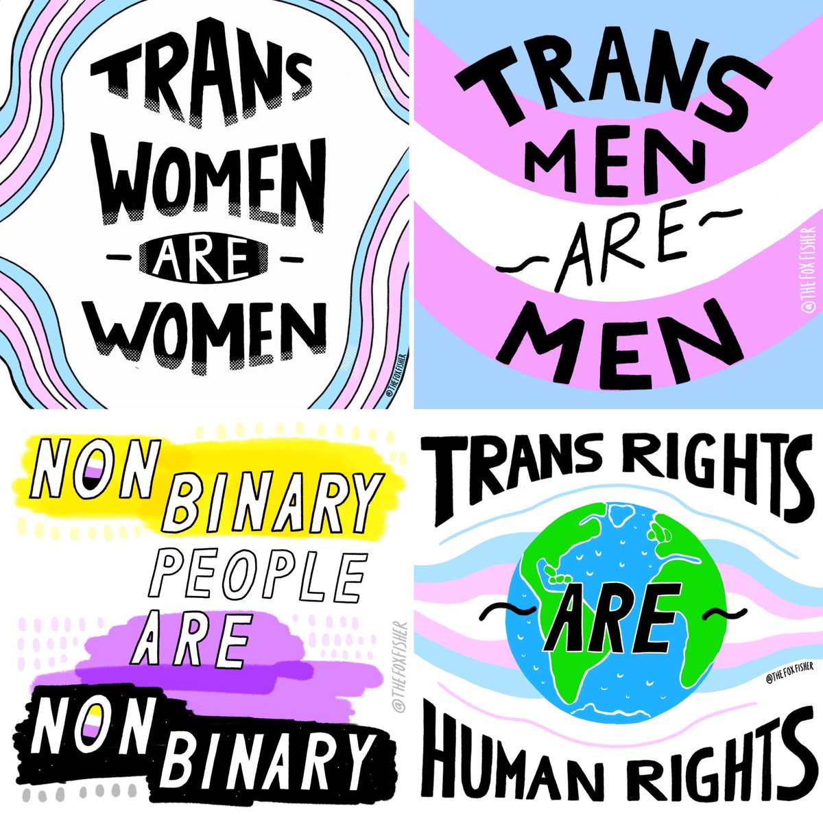 Trans women are women, non-binary people are non-binary, trans men are men and trans rights are human rights hand-drawn by Fox