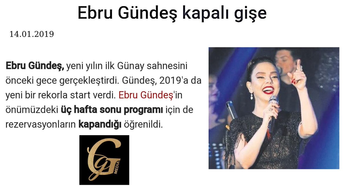 Ebru Gündeş, 2019 yılında üç hafta boyunca Günay Restaurant’ta kapalı gişe konser verdi. 

#ebrugündeş #ebrugundes #günayrestaurant #bvsgroup #kapalıgişe #konser #şarkı #müzik #concert #song #music